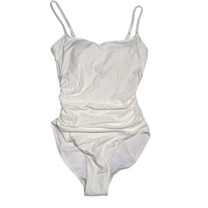 E.Menie White ruched spaghetti strap one piece  build in bra swimsuit medium‎